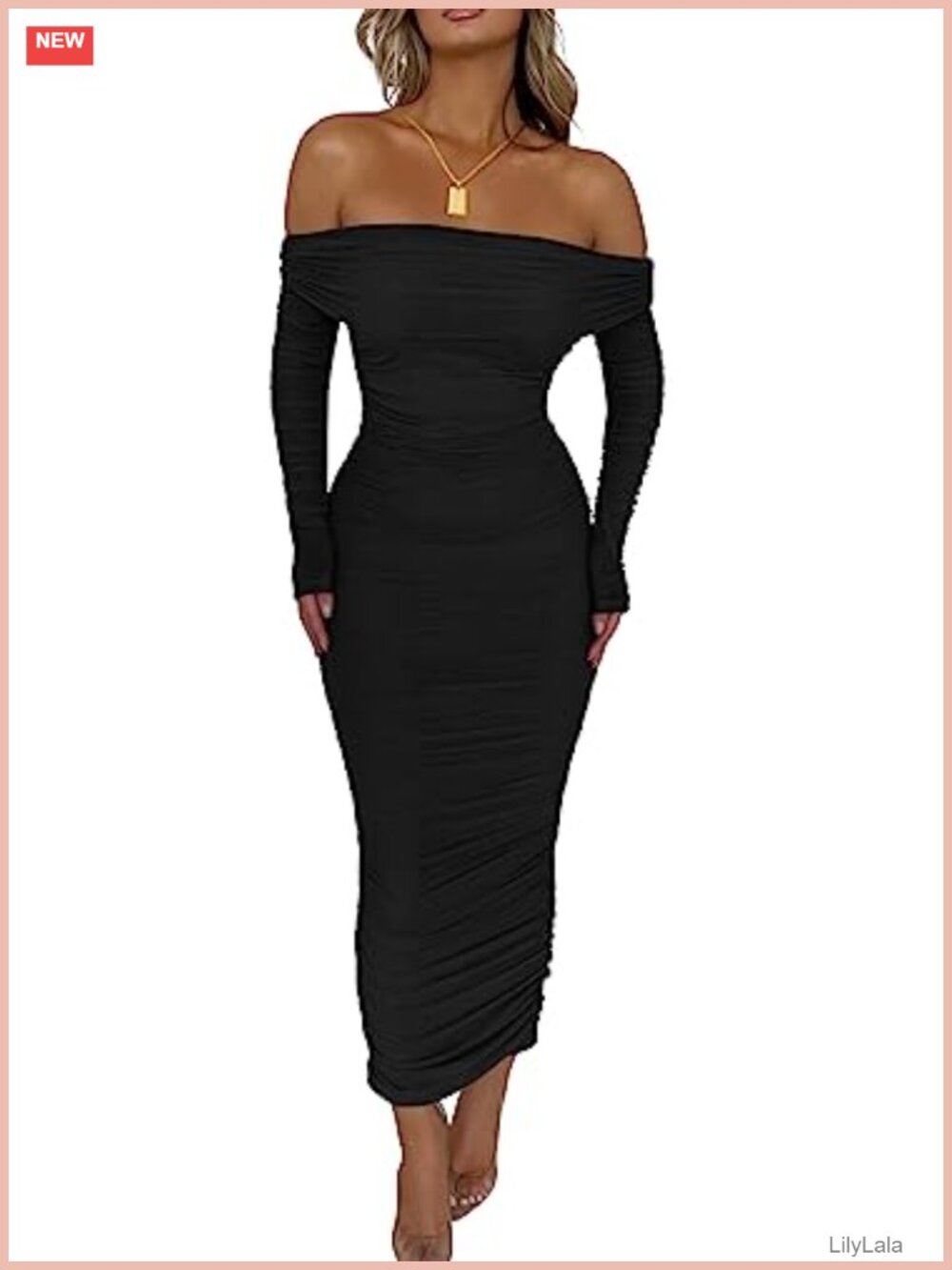 Off Shoulder Bodycon Maxi Dress Long Sleeve Ruched Slit Wedding Guest